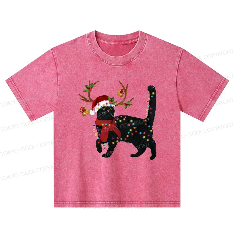 Kyoto-Lion Christmas Black Cat Kids Washed T-Shirt