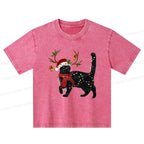 Kyoto-Lion Christmas Black Cat Kids Washed T-Shirt