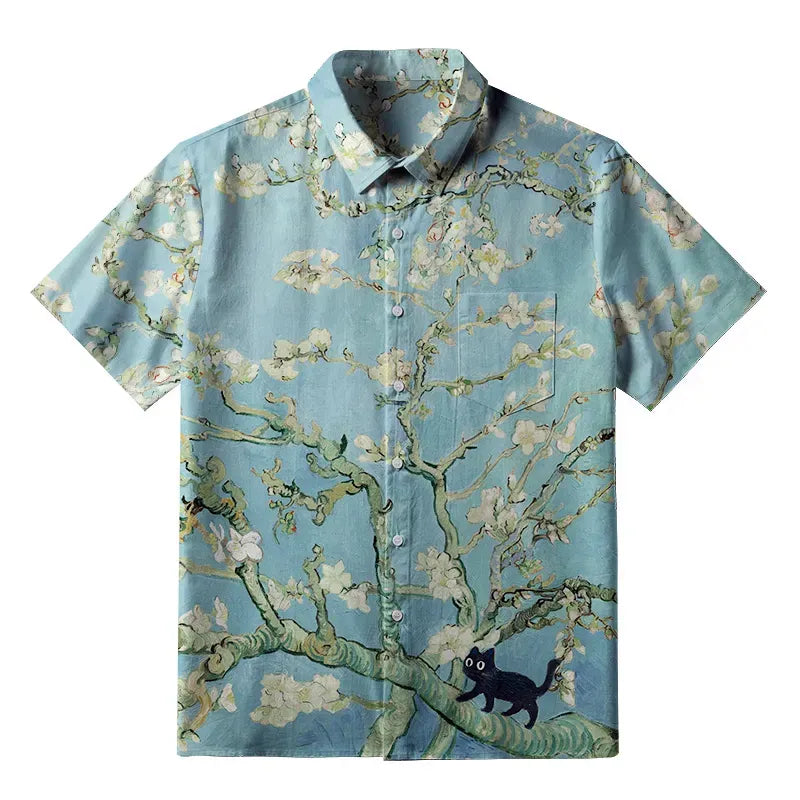 Japanese Black Cat Button-up Shirt for Gift