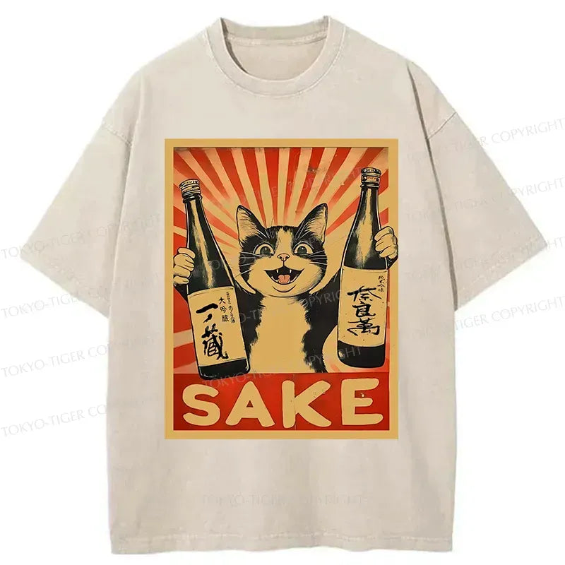 Kyoto-Lion Cat Holding Wine Funny Washed T-Shirt