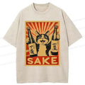 Kyoto-Lion Cat Holding Wine Funny Washed T-Shirt