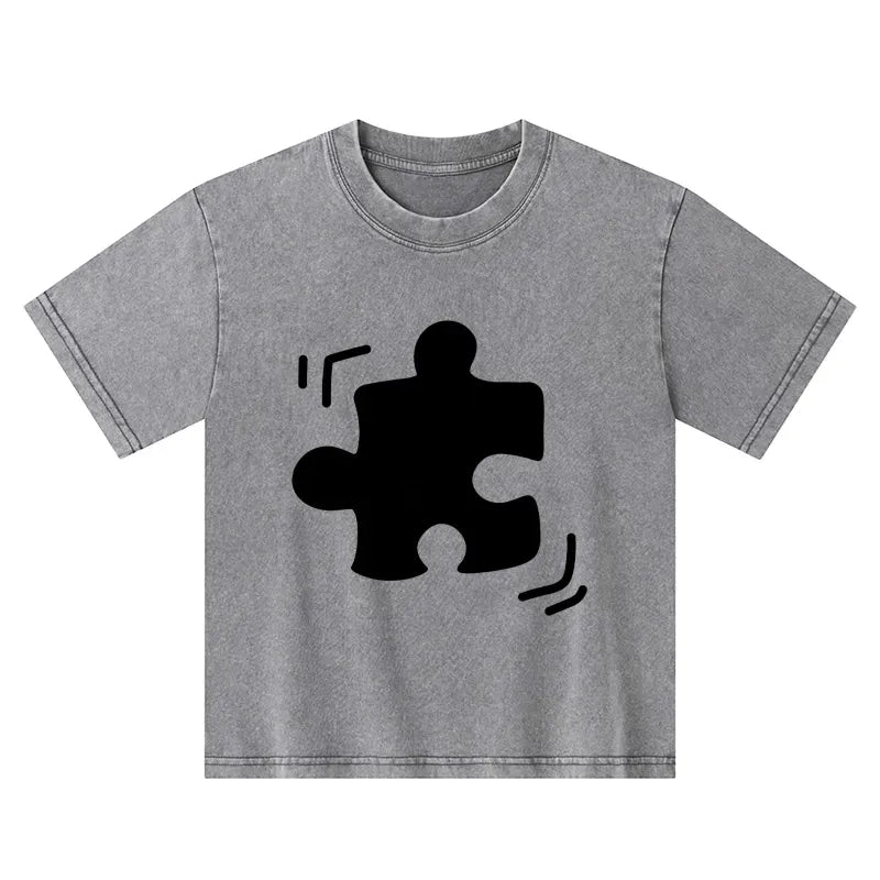 Kyoto-Lion Black Puzzle Piece Kids Washed T-Shirt