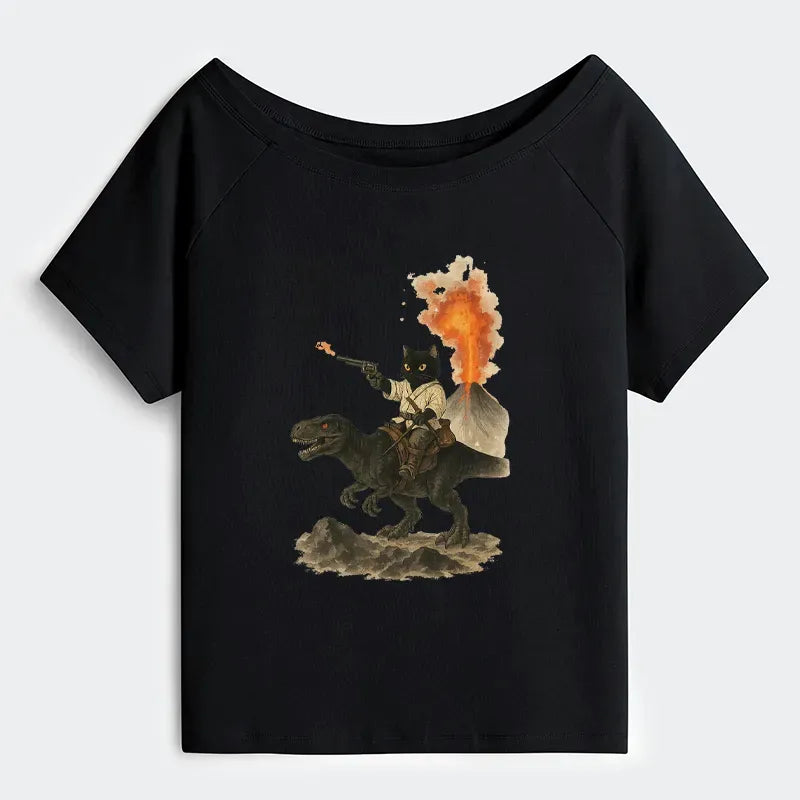 Japanese Cat Dinosaur Off Shoulder T-Shirt
