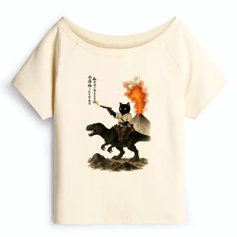 Japanese Cat Dinosaur Off Shoulder T-Shirt