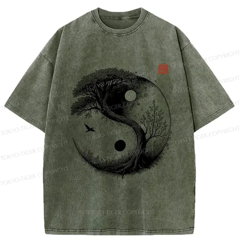 Japanese Yin Yang Bonsai Washed T-Shirt for Gift