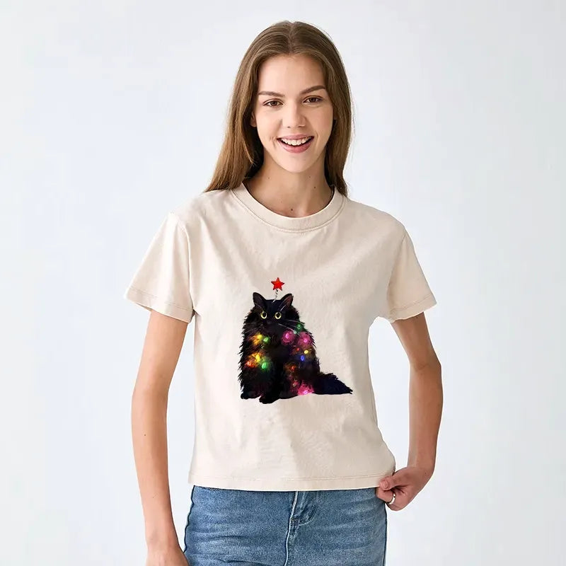 Japanese cat christmas t-shirt for women