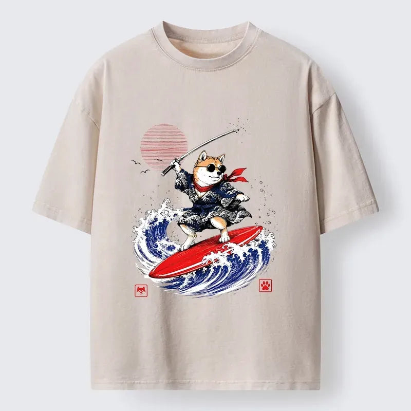 Kyoto-Lion Samurai Shiba Surfs On Wild Ocean Waves Washed T-Shirt