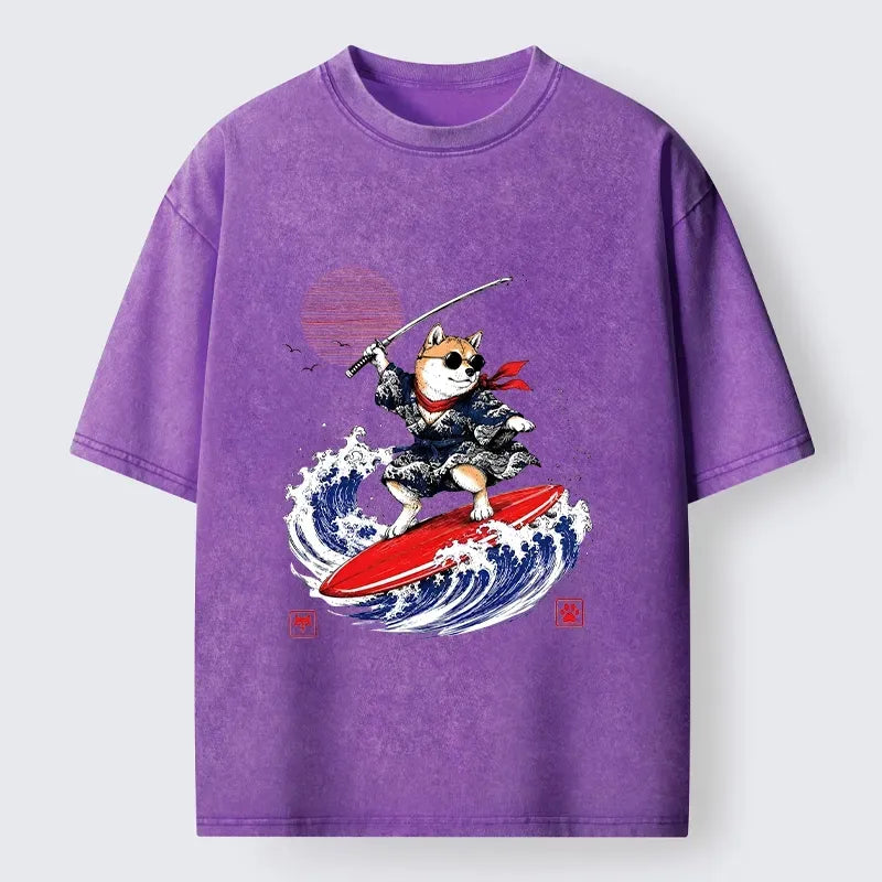 Kyoto-Lion Samurai Shiba Surfs On Wild Ocean Waves Washed T-Shirt
