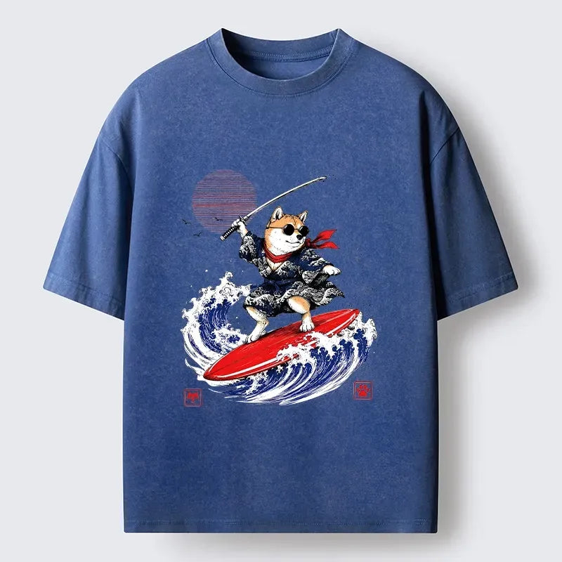Kyoto-Lion Samurai Shiba Surfs On Wild Ocean Waves Washed T-Shirt