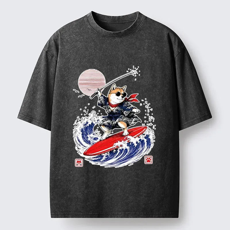 Kyoto-Lion Samurai Shiba Surfs On Wild Ocean Waves Washed T-Shirt
