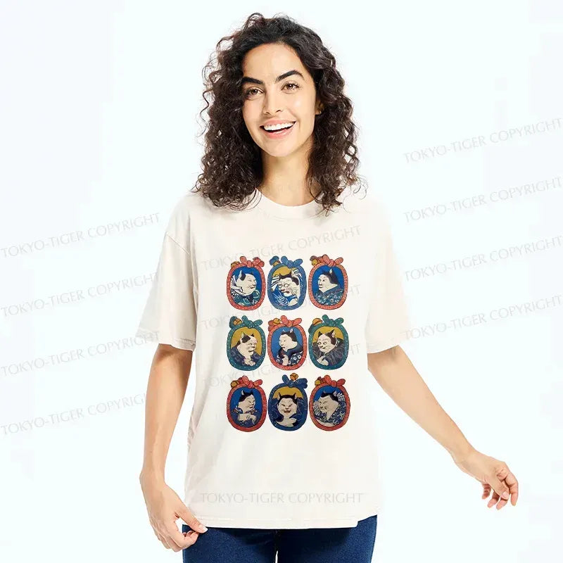 Kyoto-Lion Ukiyo-e Cat Portrait Washed T-Shirt