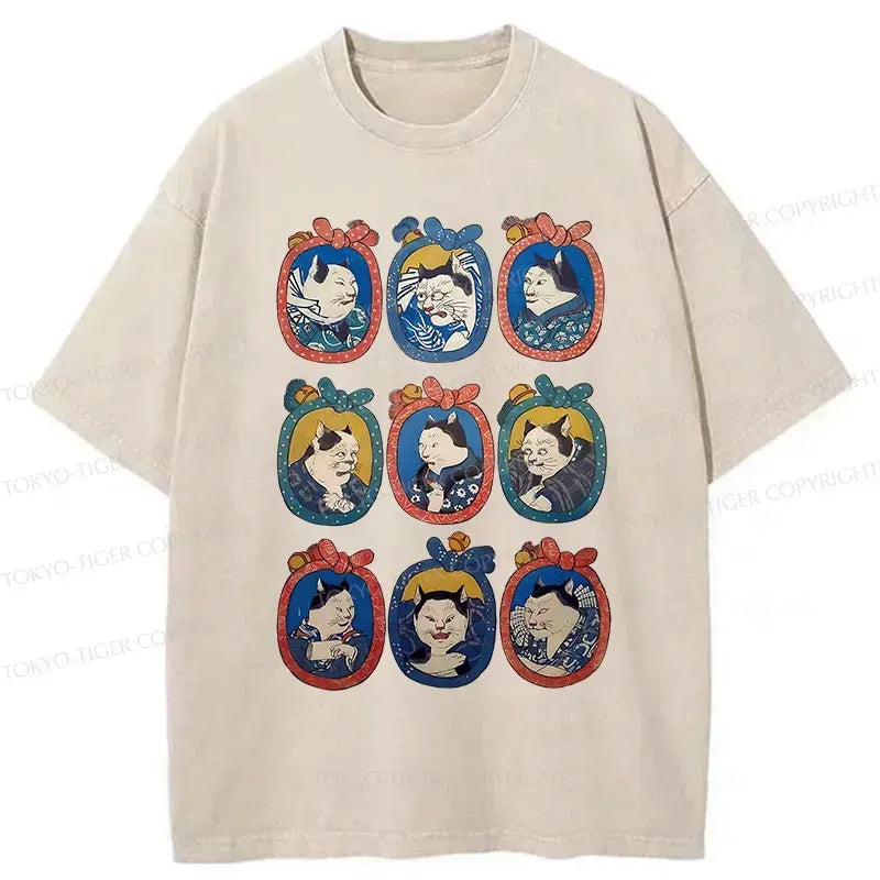 Kyoto-Lion Ukiyo-e Cat Portrait Washed T-Shirt