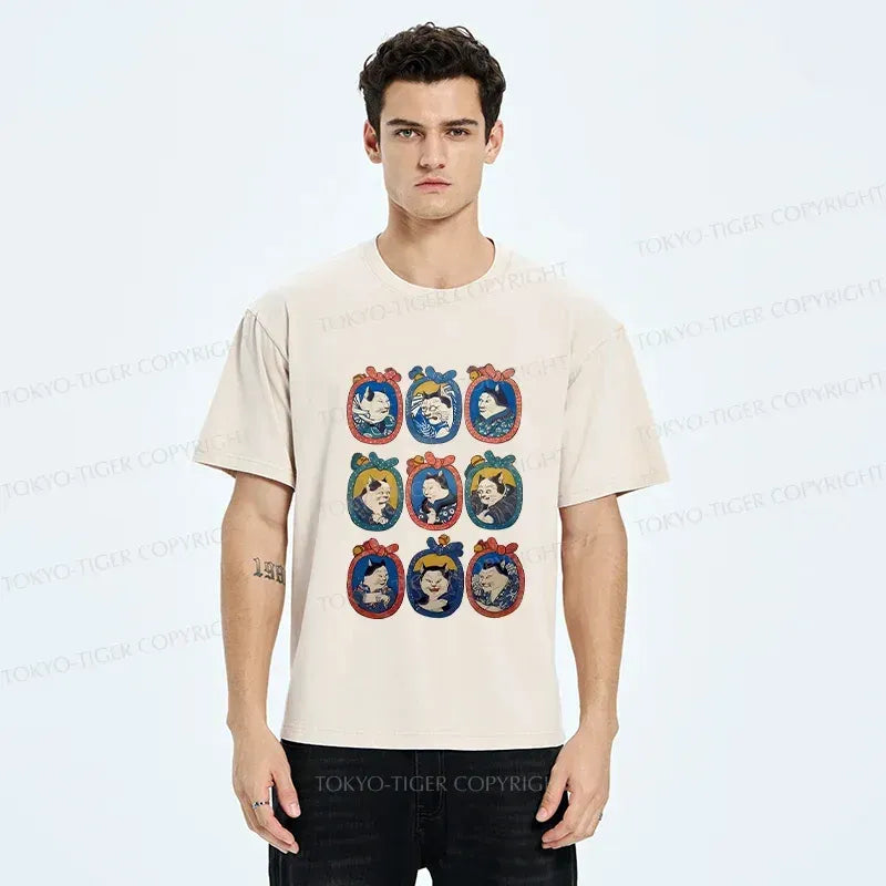 Kyoto-Lion Ukiyo-e Cat Portrait Washed T-Shirt