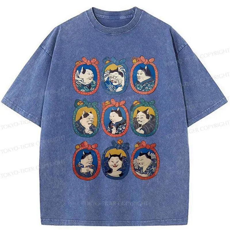 Kyoto-Lion Ukiyo-e Cat Portrait Washed T-Shirt