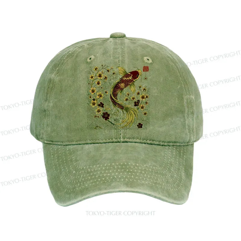 Kyoto-Lion Vintage Sakura And Koi Washed Cap