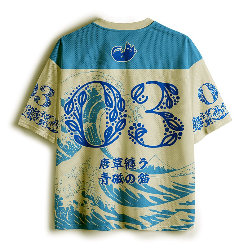 Japanese Ukiyo-e cat mesh jersey for summer