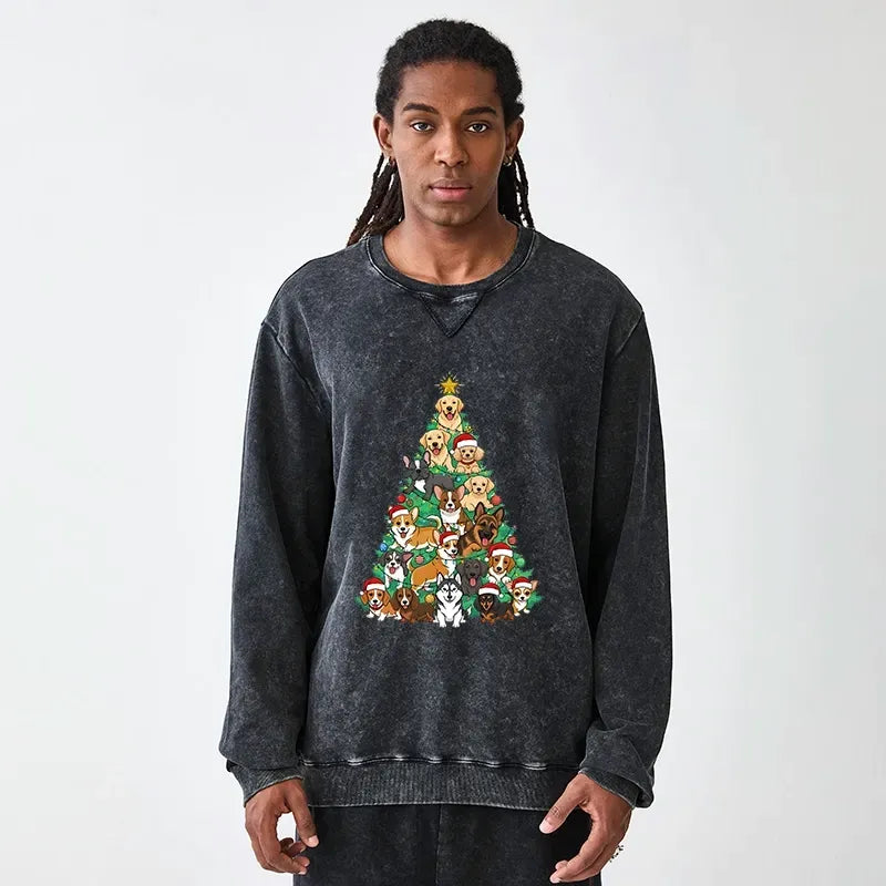 Kyoto-Lion Christmas Tree Dog Funny Washed Terry Sweatshirt
