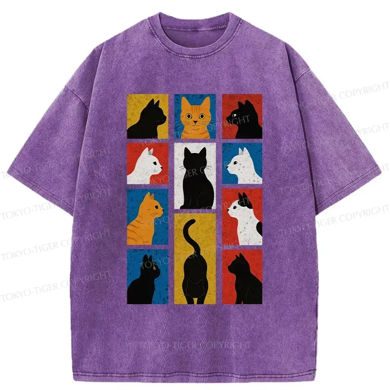 Japanese Cat Silhouette Washed T-Shirt