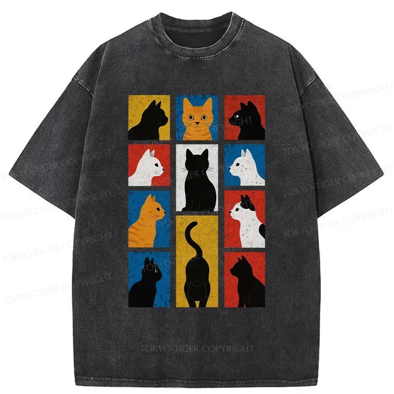 Japanese Cat Silhouette Washed T-Shirt