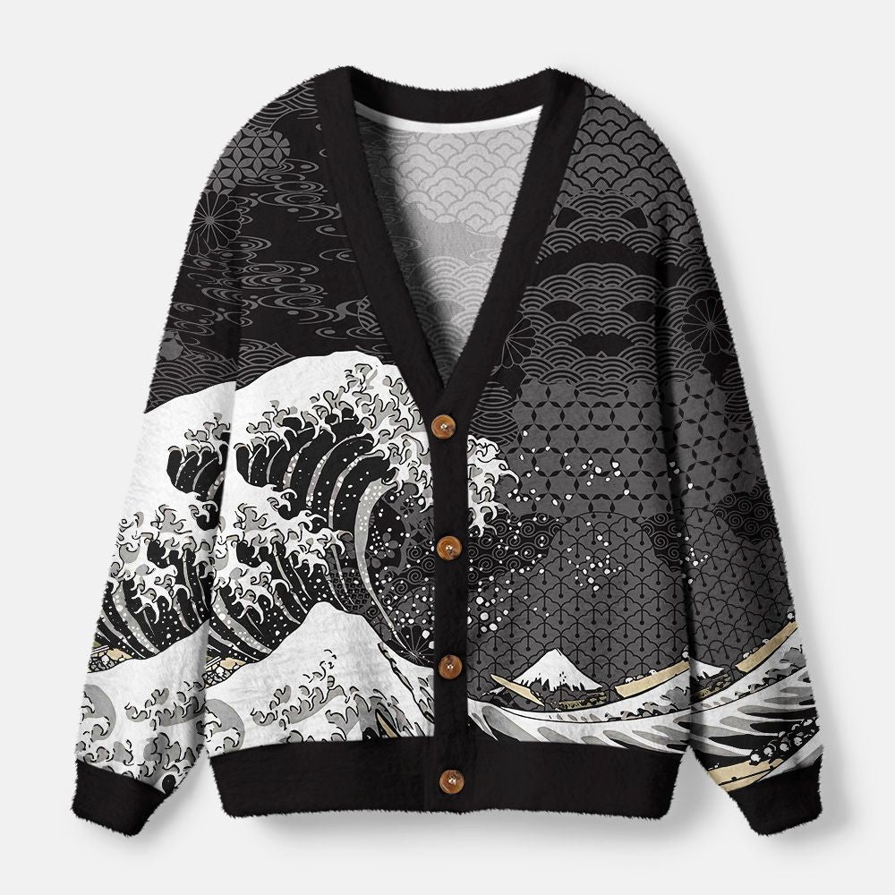 Kyoto-Lion Great Wave Off Fuji Ugly Cardigan Sweater