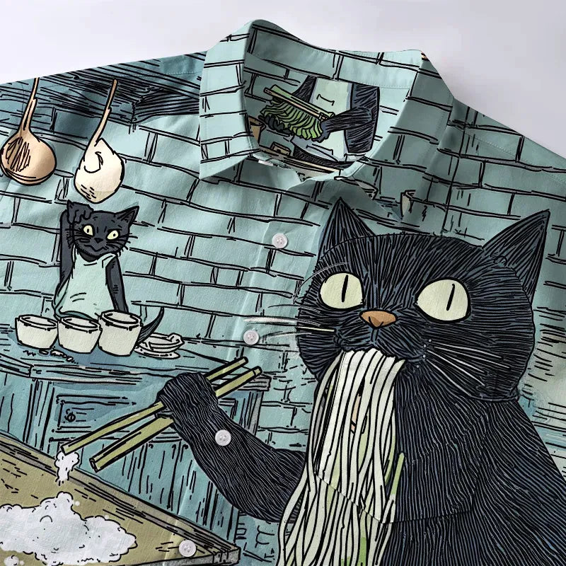 Japanese Cat Button-up Shirt for Summer