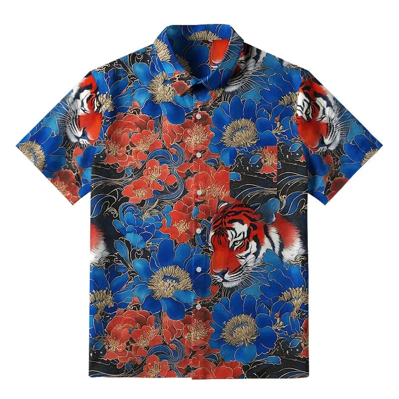 Kyoto-Lion Tiger Among Flowers Button-up Shirt