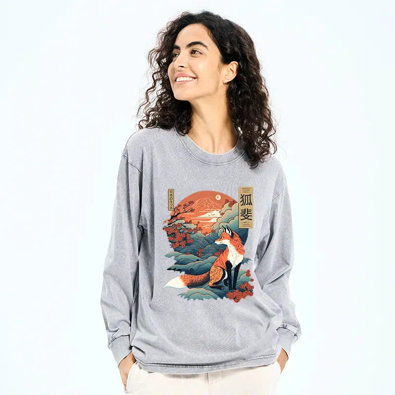 Kyoto-Lion Japanese Kitsune Fox Sakura Washed Long Sleeve T-Shirt