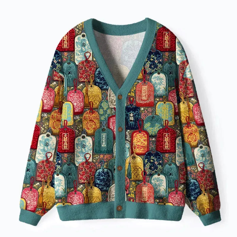 Kyoto-Lion Amulet Japanese Ugly Cardigan Sweater