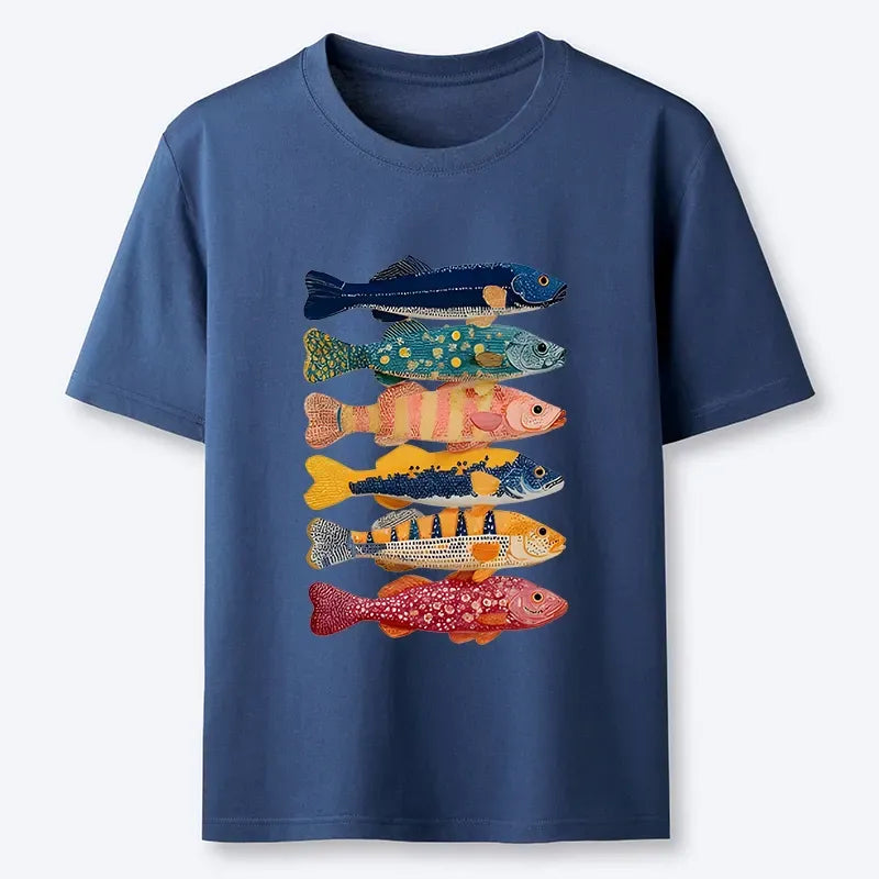 Japanese Colorful Fish Art T-Shirt for Summer