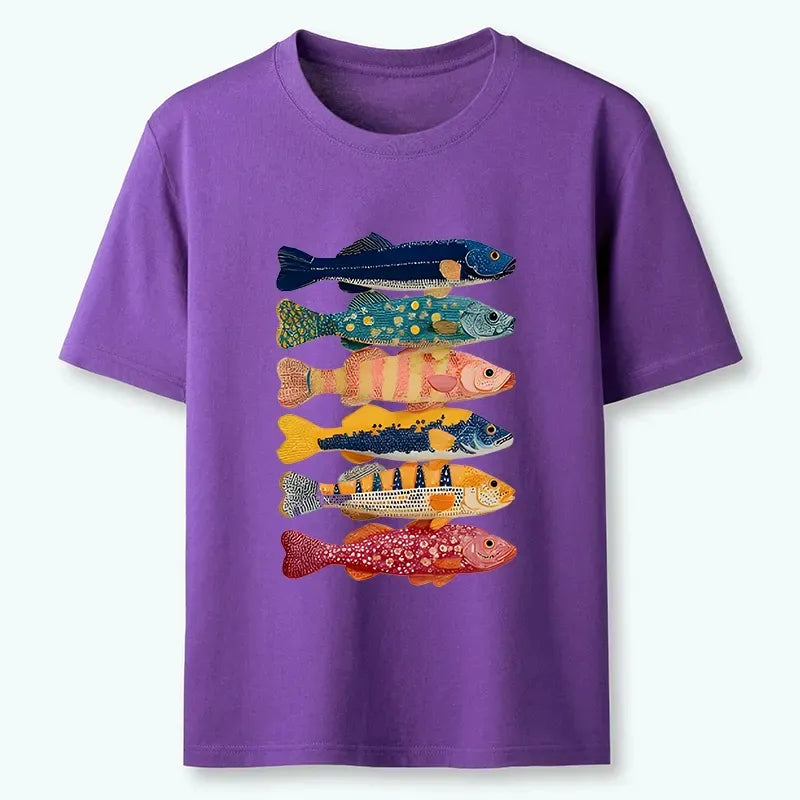 Japanese Colorful Fish Art T-Shirt for Summer