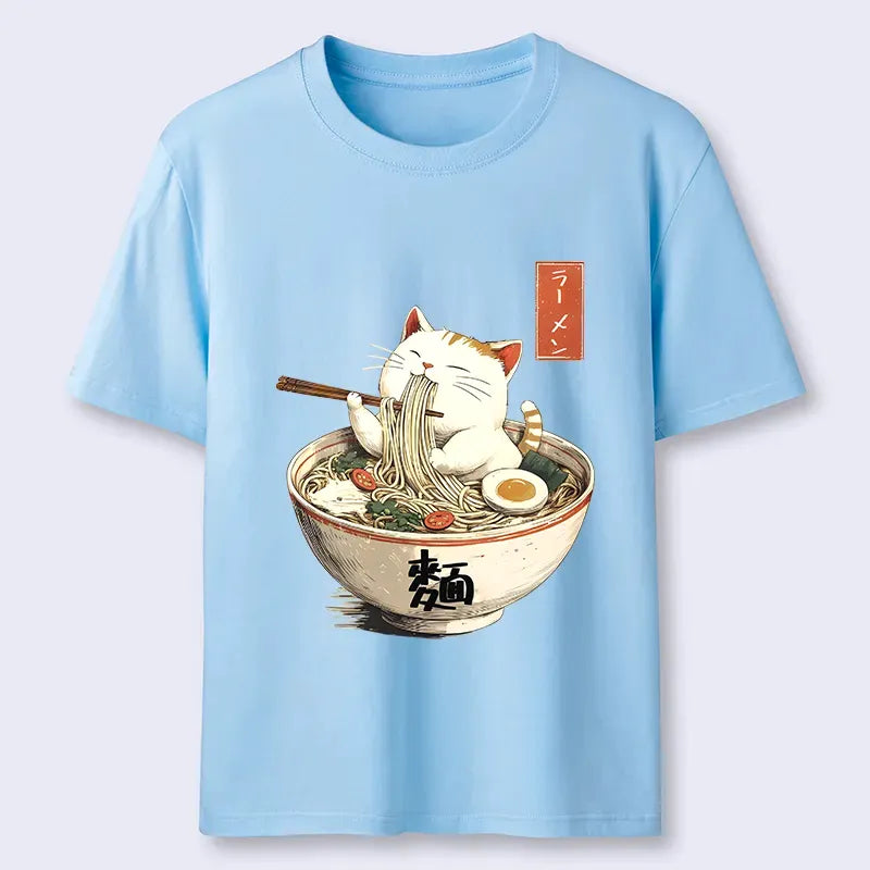 White Cat Eating Ramen Vintage Tee