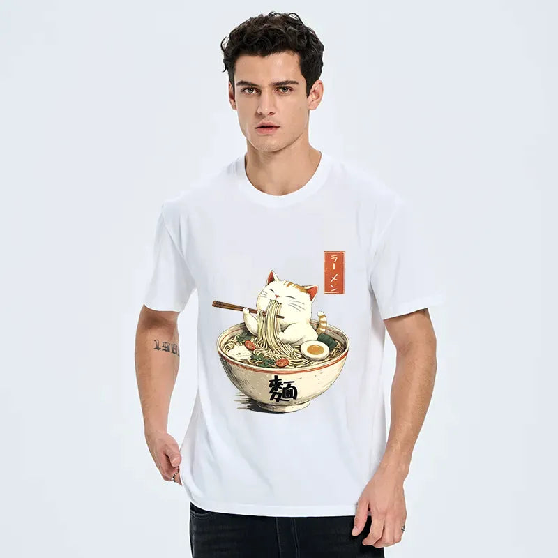 Kyoto-Lion White Cat Eating Ramen Japan Classic T-Shirt