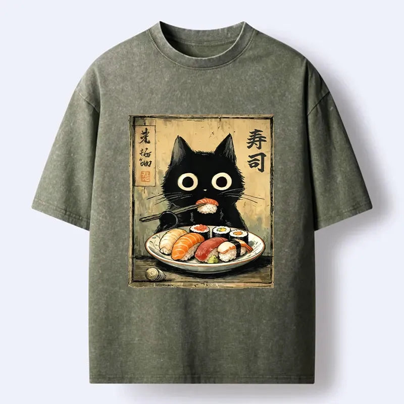 Kyoto-Lion Vintage Japanese Sushi Cat Washed T-Shirt