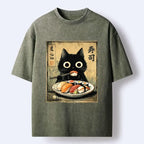 Kyoto-Lion Vintage Japanese Sushi Cat Washed T-Shirt