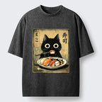 Kyoto-Lion Vintage Japanese Sushi Cat Washed T-Shirt