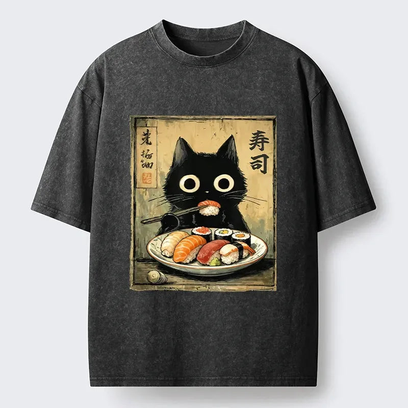 Kyoto-Lion Vintage Japanese Sushi Cat Washed T-Shirt