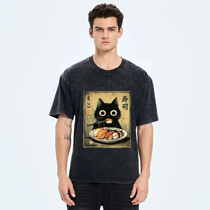 Vintage Japanese Sushi Cat Washed T-Shirt