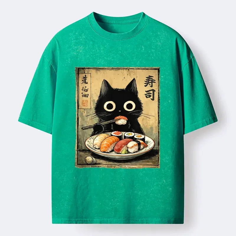 Kyoto-Lion Vintage Japanese Sushi Cat Washed T-Shirt