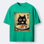 Kyoto-Lion Vintage Japanese Sushi Cat Washed T-Shirt