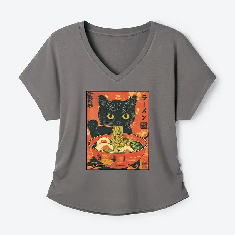 Kyoto-Lion Hungry Black Cat Loves Ramen Modal Dolman Sleeve T-Shirt