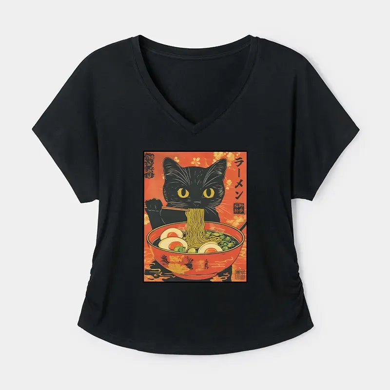 Kyoto-Lion Hungry Black Cat Loves Ramen Modal Dolman Sleeve T-Shirt