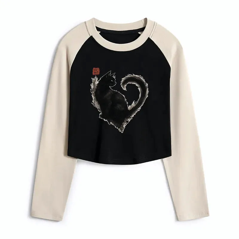 Japanese Heart Ink Cat Crop Top
