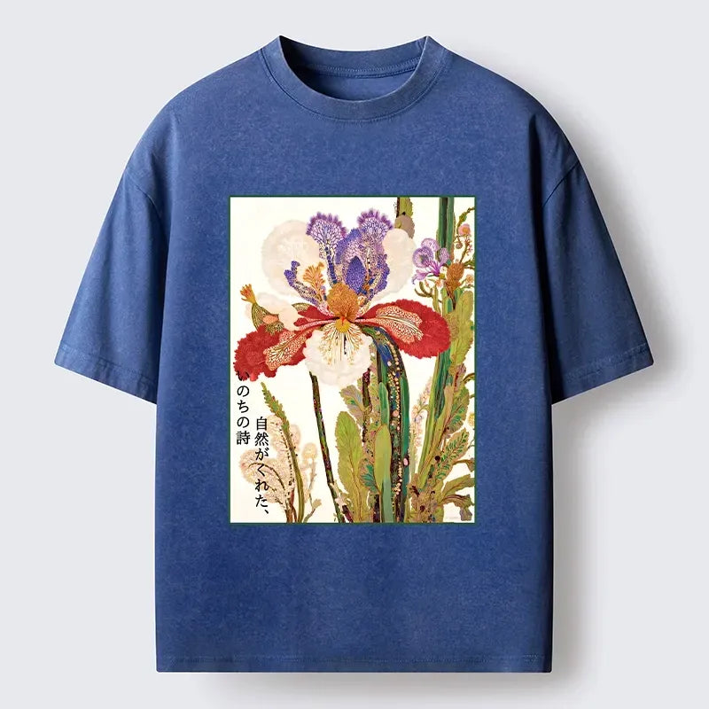 Kyoto-Lion Vintage Japanese Flower Painting Washed T-Shirt