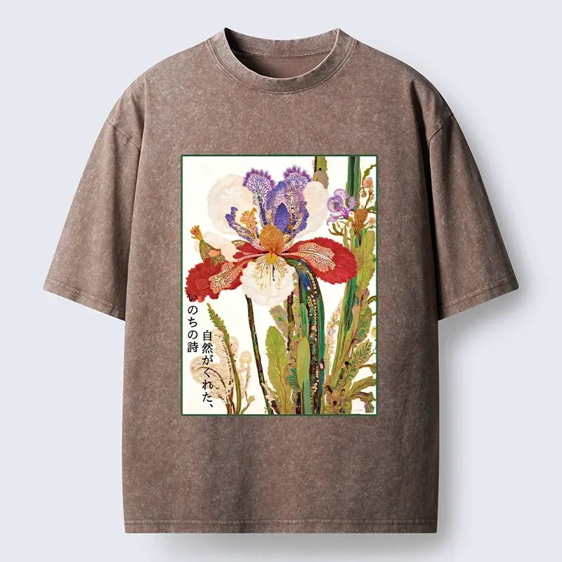 Kyoto-Lion Vintage Japanese Flower Painting Washed T-Shirt