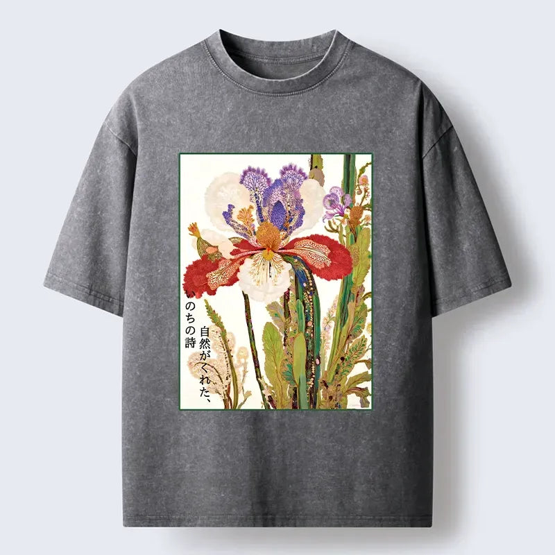 Kyoto-Lion Vintage Japanese Flower Painting Washed T-Shirt
