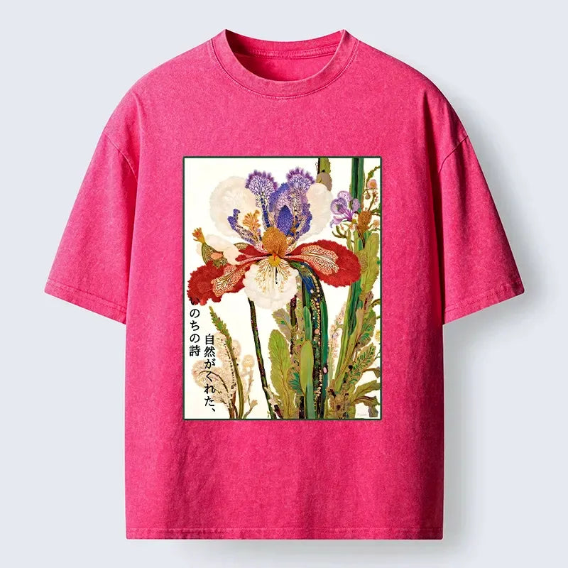 Kyoto-Lion Vintage Japanese Flower Painting Washed T-Shirt