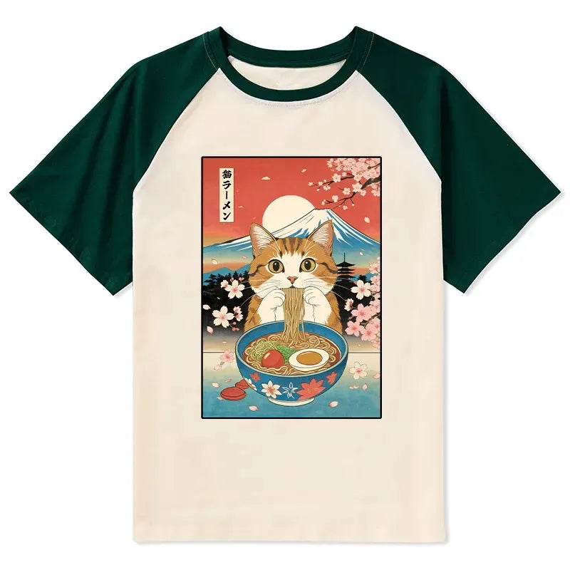 Kyoto-Lion Funny Orange Cat Eating Ramen Japan Raglan T-shirt