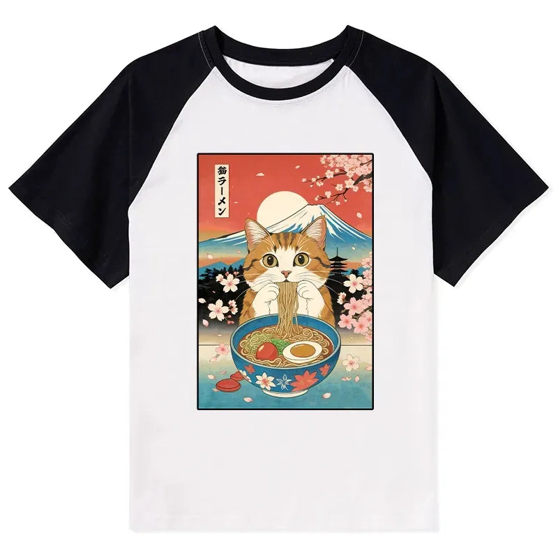 Kyoto-Lion Funny Orange Cat Eating Ramen Japan Raglan T-shirt