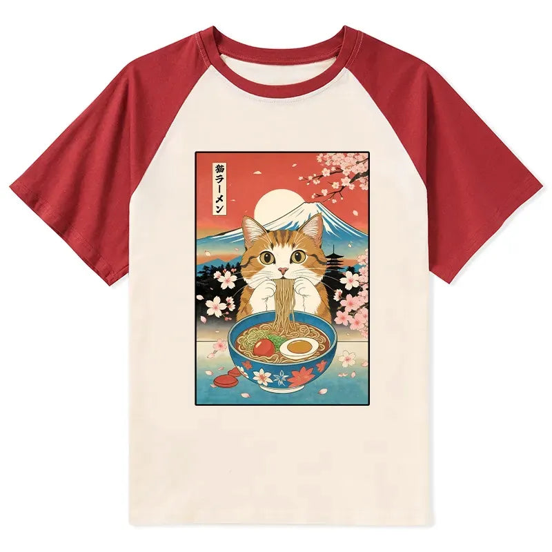 Kyoto-Lion Funny Orange Cat Eating Ramen Japan Raglan T-shirt