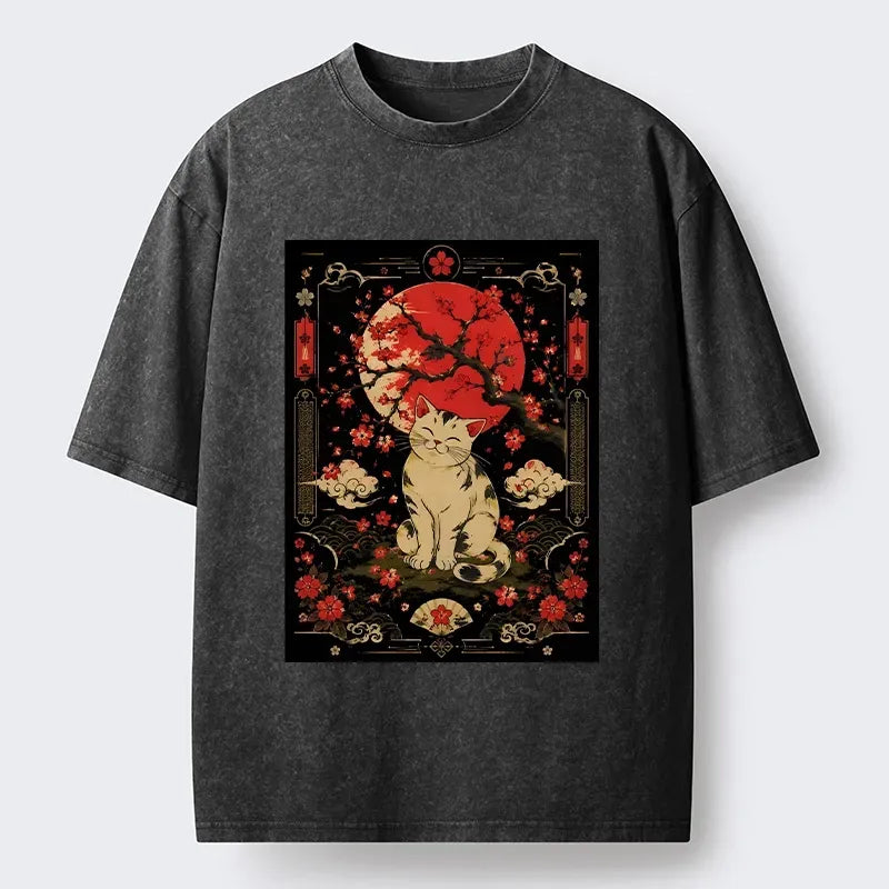Cat And Sakura Print Tee On Sale